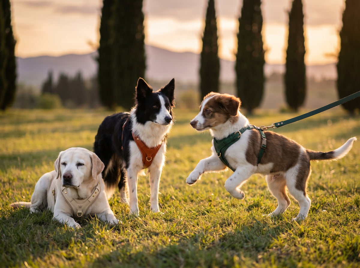 La Scelta del Lupo - tre cani di eta diverse con guinzaglieria artigianale